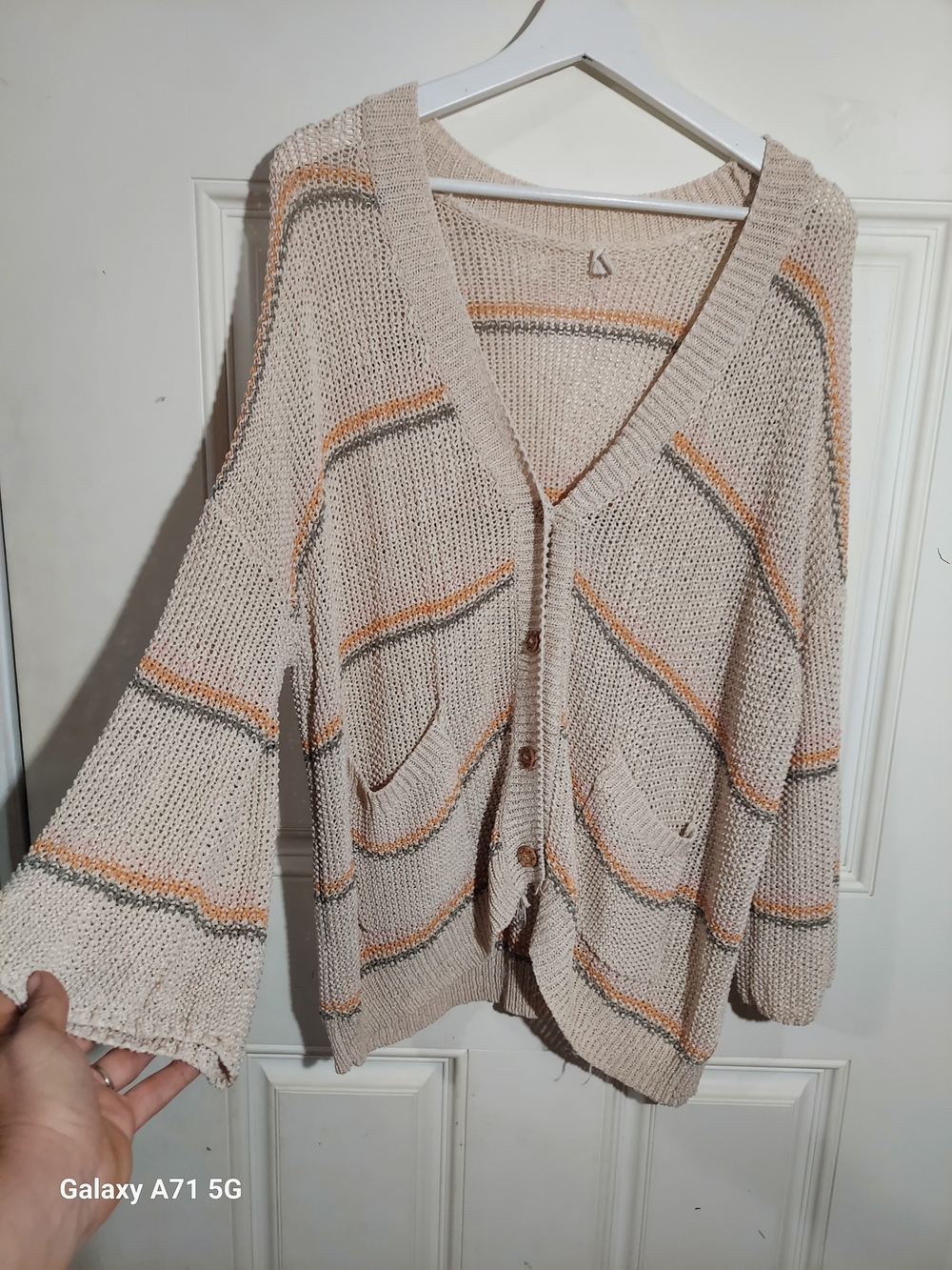 POL Clothing Striped Open-Stitch Knit Button-Down Boho Cardigan Oversized Medium